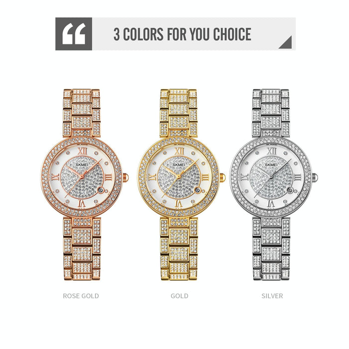 1739 Diamond Roman Numerals Round Dial Quartz Watch For Women