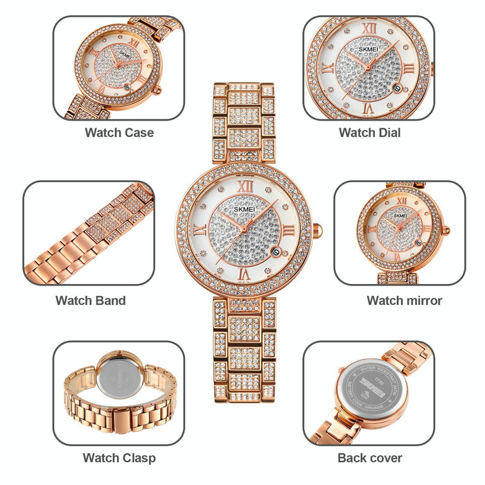 1739 Diamond Roman Numerals Round Dial Quartz Watch For Women