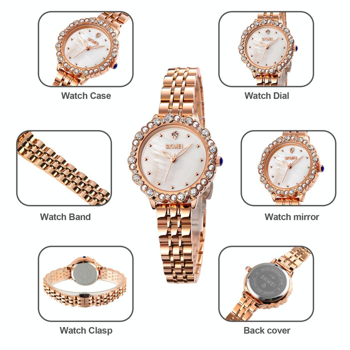 1799 Pearl Diamond Round Dial Stainless Steel Strap Quartz Watch For Women