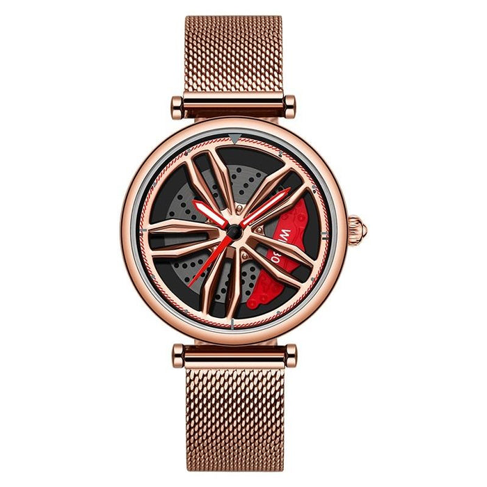 1074 3D Hollow Out Wheel Non-Rotatable Dial Quartz Watch For Women Mesh Belt