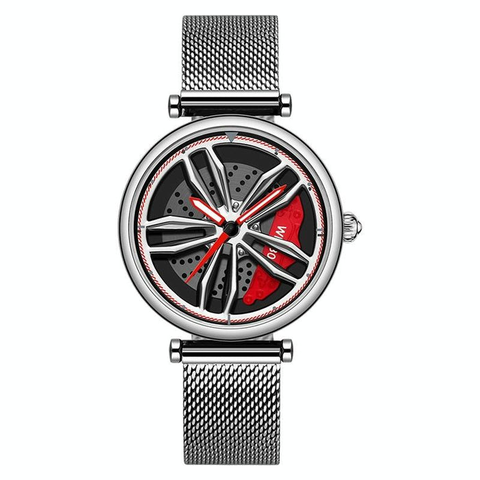 1074 3D Hollow Out Wheel Non-Rotatable Dial Quartz Watch For Women Mesh Belt