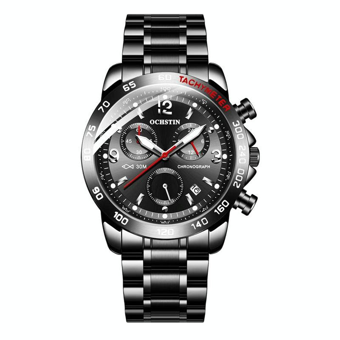 6123B Multifunctional Quartz Waterproof Luminous Steel Strap Men Watch