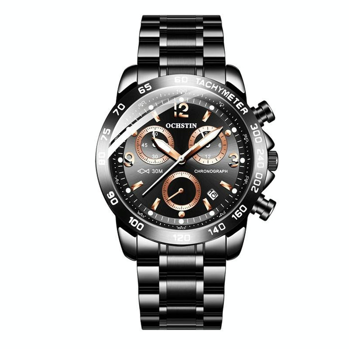 6123B Multifunctional Quartz Waterproof Luminous Steel Strap Men Watch