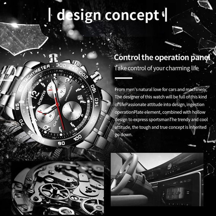 6123B Multifunctional Quartz Waterproof Luminous Steel Strap Men Watch