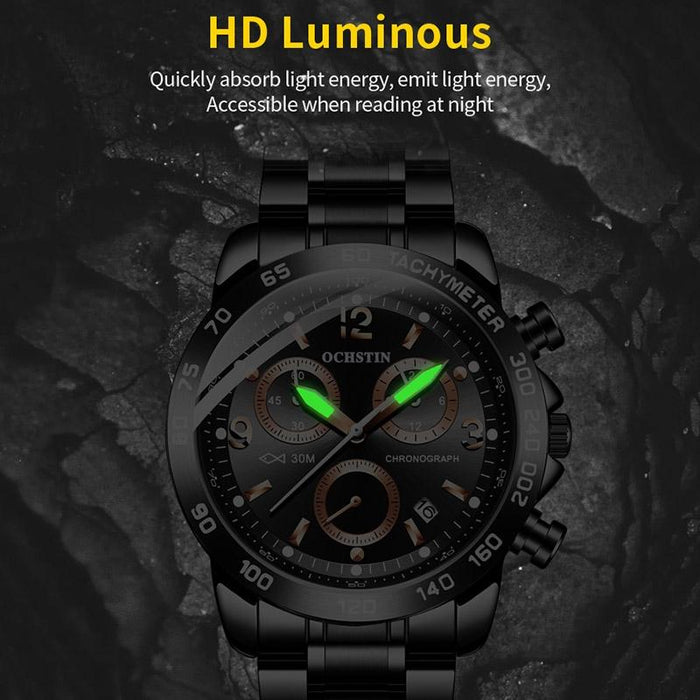 6123B Multifunctional Quartz Waterproof Luminous Steel Strap Men Watch