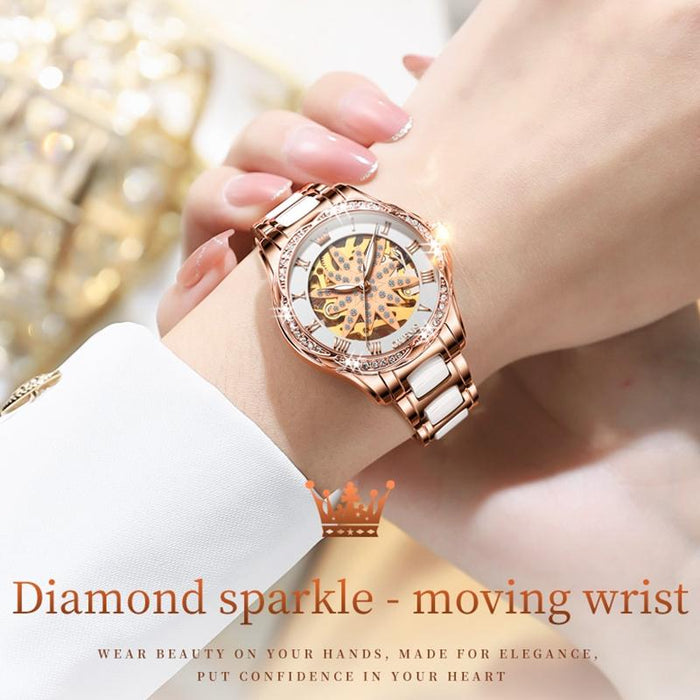 6681 Women Multifunctional Hollow Waterproof Mechanical Watch White Surface Ceramic Belt