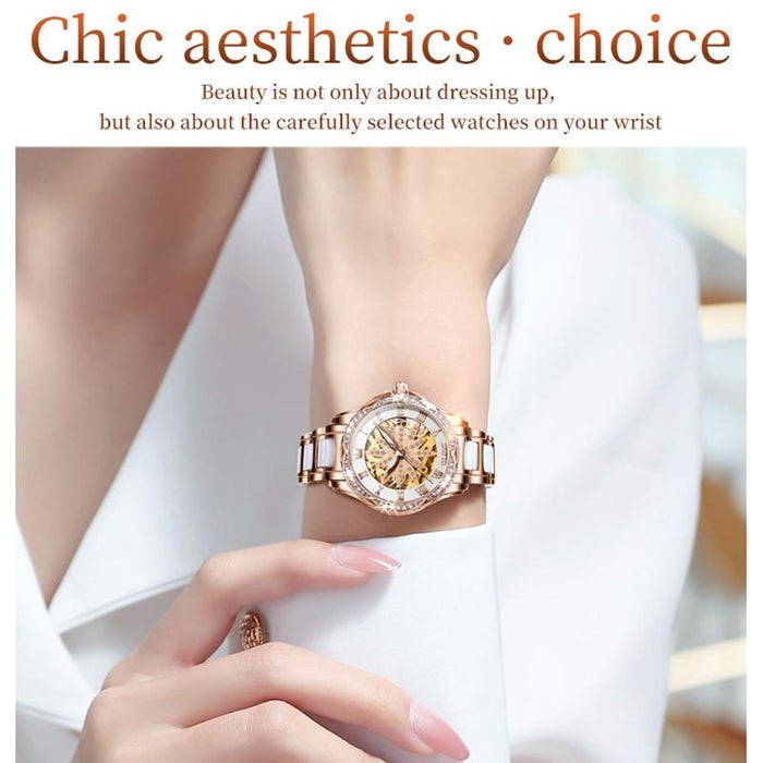 6681 Women Multifunctional Hollow Waterproof Mechanical Watch White Surface Ceramic Belt