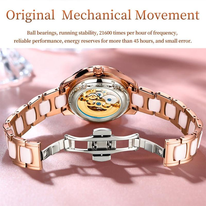 6681 Women Multifunctional Hollow Waterproof Mechanical Watch White Surface Ceramic Belt