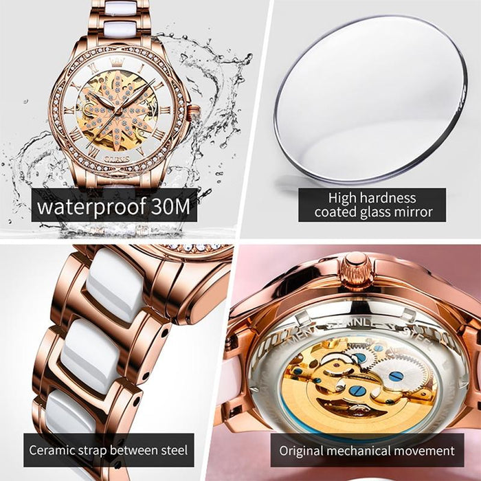 6681 Women Multifunctional Hollow Waterproof Mechanical Watch White Surface Ceramic Belt