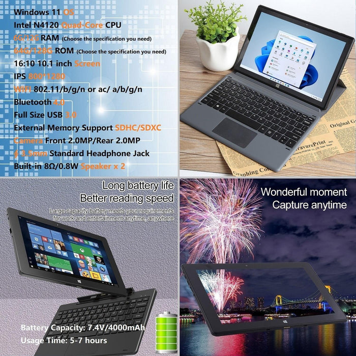 10.1 2 In 1 Tablet Pc 12Gb 128Gb Windows 11 Intel Quad Core Keyboard