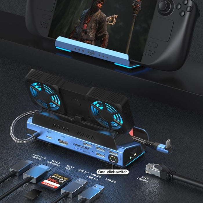 Yce-V279 10 In 1 Usb-C Gaming Dock Station Hard Disk Enclosure With Detachable Fan Blue Black