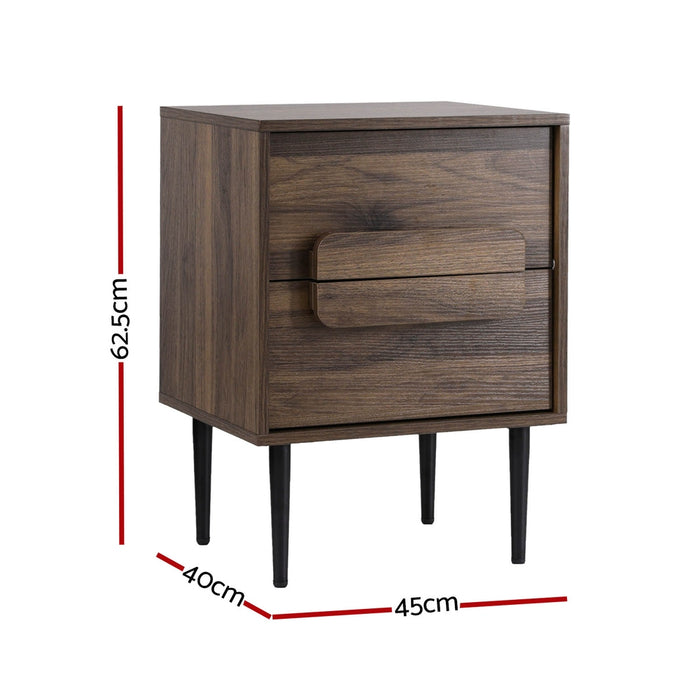 Bedside Table Nightstand 2 Drawers Walnut