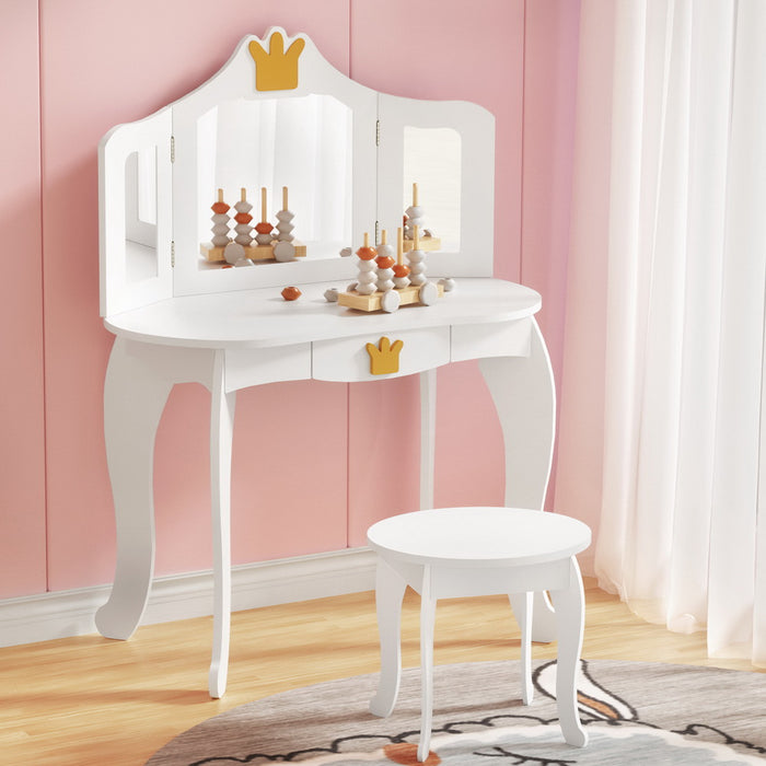 Kids Dressing Table Vanity Makeup Chair Set Wooden 3 Mirror Drawer White