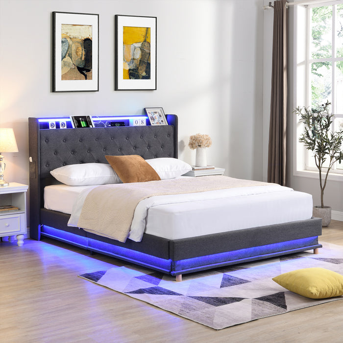 Queen Bed Frame Gas Lift Led Light - Grey