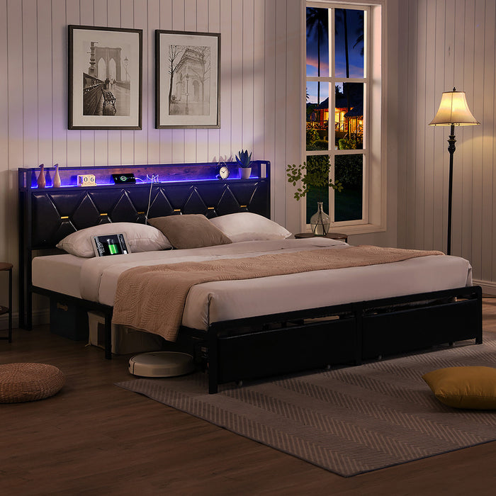 Double Metal Bed Frame Led Lights 2 Drawers