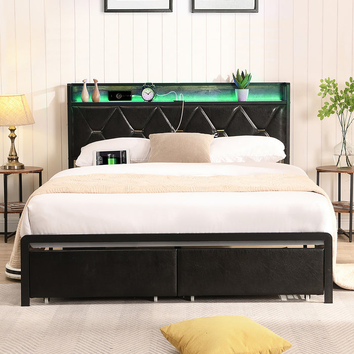 Queen Metal Bed Frame Led Lights 2 Drawers