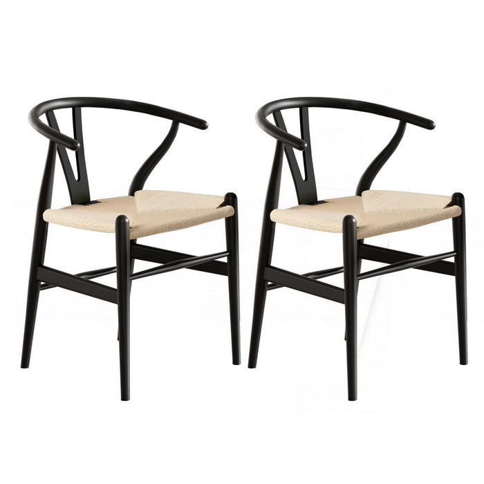 1 Set Of 2 Dining Chairs Wooden Rattan Wishbone Black