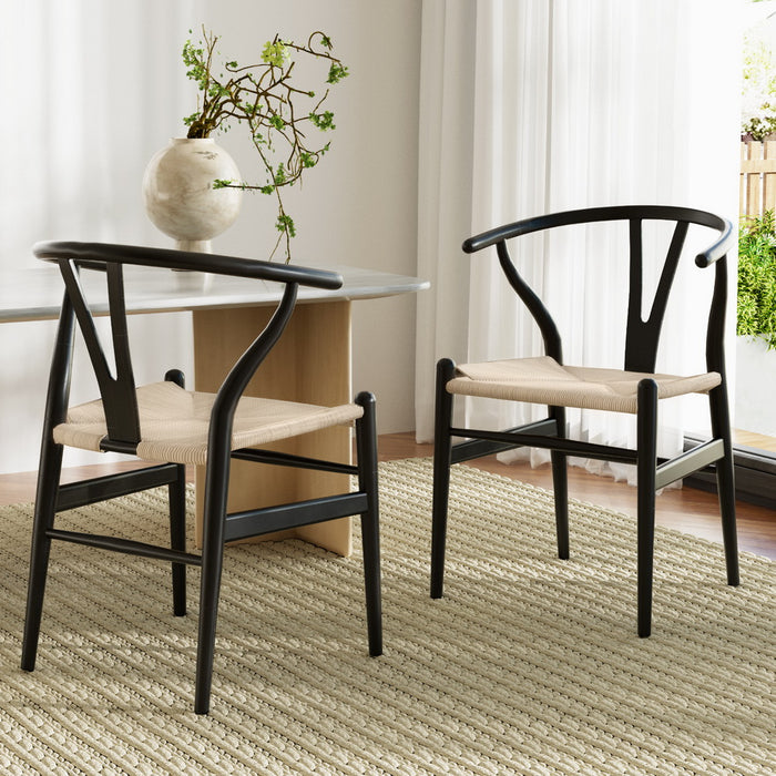 1 Set Of 2 Dining Chairs Wooden Rattan Wishbone Black