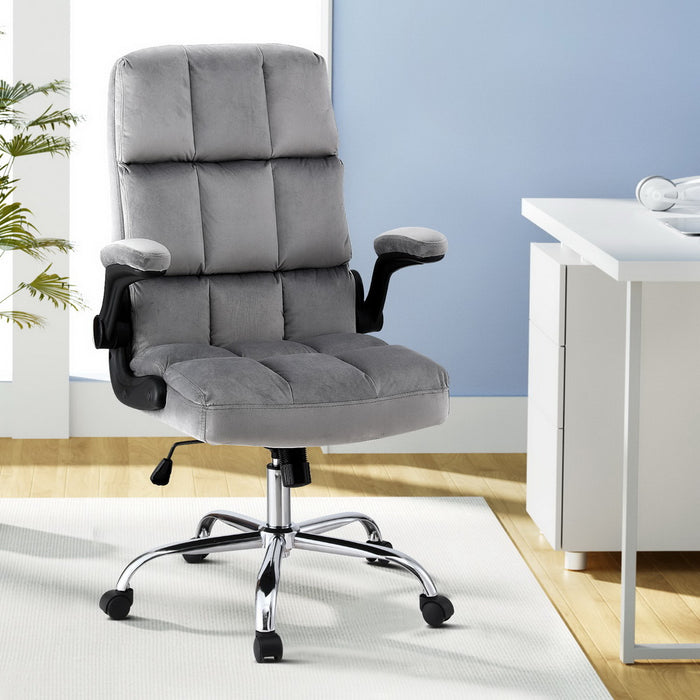 Office Chair Velvet Seat Racing Gaming Computer Desk Chairs Armrest Grey