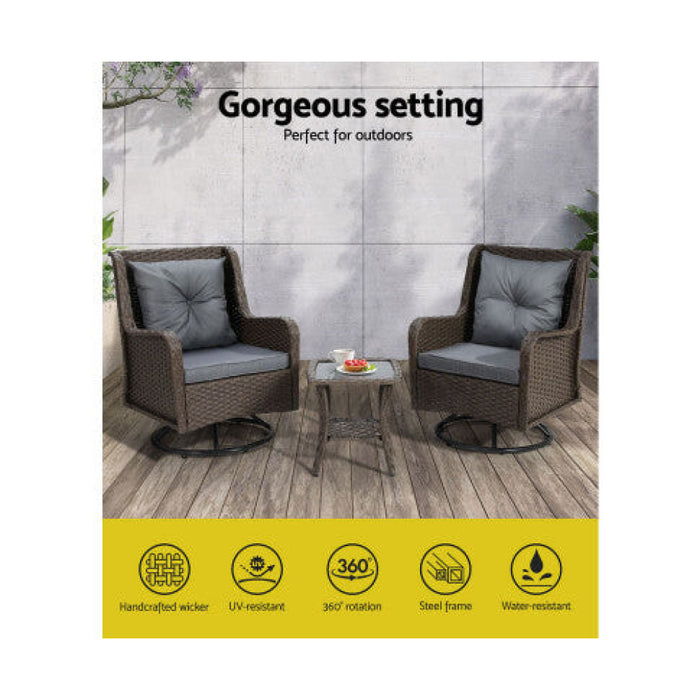 Outdoor Chairs Patio Furniture Lounge Setting 3 Pcs Wicker Swivel Chair Table Bistro Set