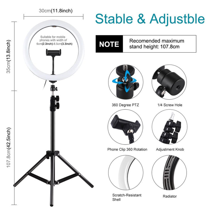 11.8 Inch 30Cm Light & 1.1M Tripod Mount Curved Surface Usb 3 Modes Dimmable Dual Colour Temperature Led Ring Vlogging Video Light Live Broadcast Kits With Phone Clamp Black