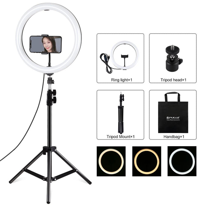 11.8 Inch 30Cm Light & 1.1M Tripod Mount Curved Surface Usb 3 Modes Dimmable Dual Colour Temperature Led Ring Vlogging Video Light Live Broadcast Kits With Phone Clamp Black