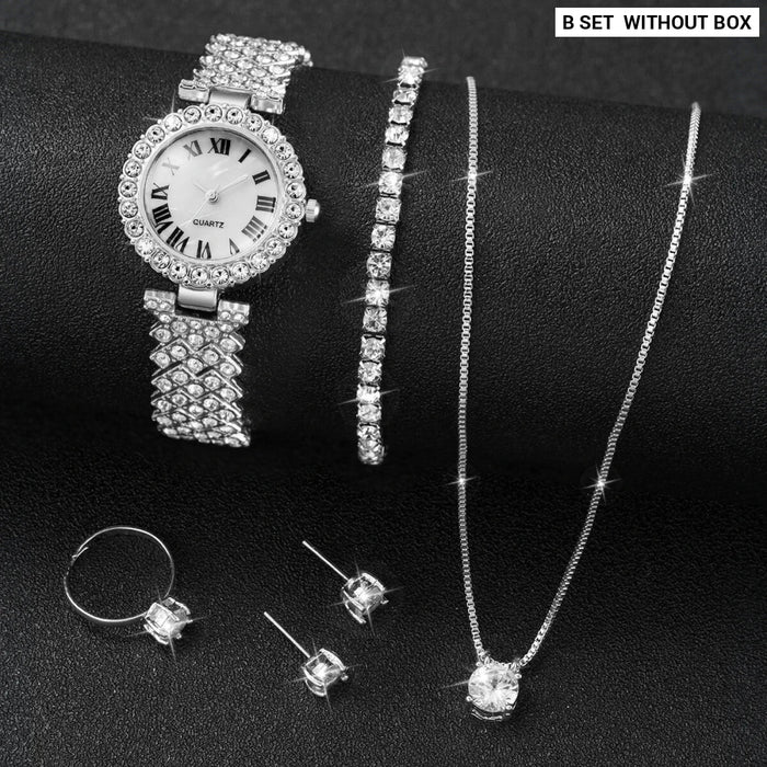 6 Piece Rhinestone Dial Steel Band Quartz Watch Set - Without Box