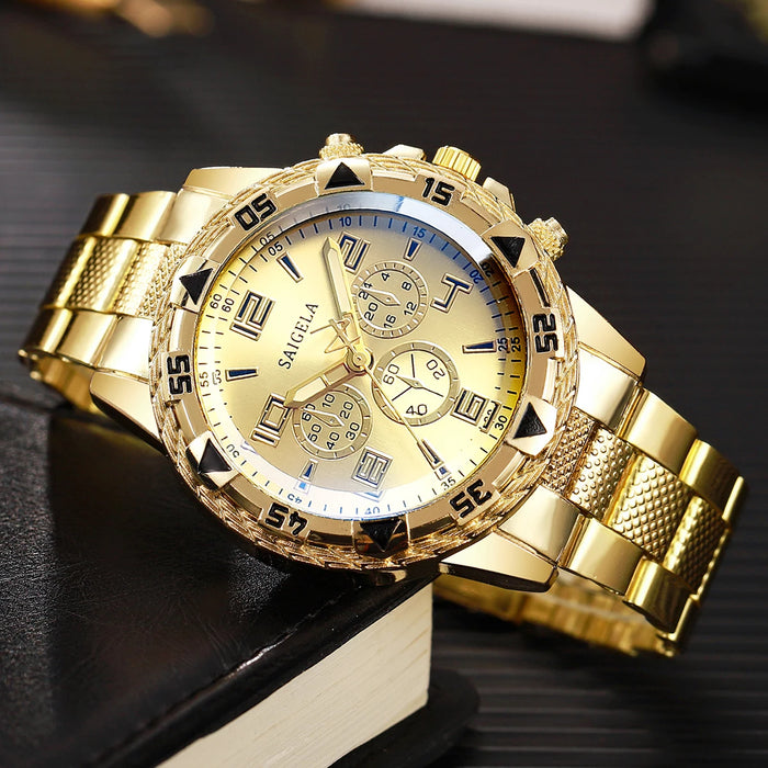 Gold Steel Mens Quartz Watch