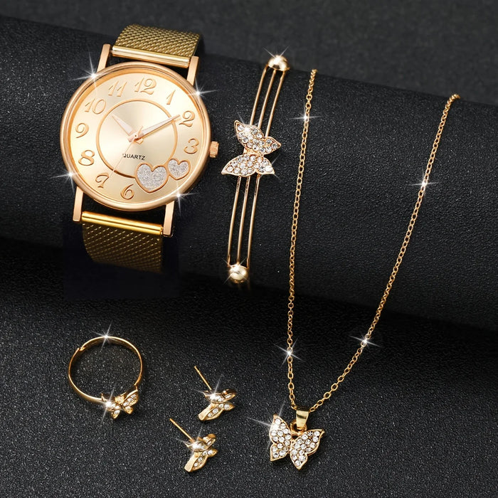 6 Piece Heart Watch Set Golden Quartz Butterfly Design