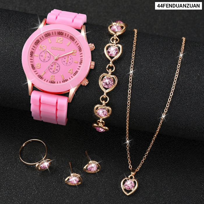 6 Piece Quartz Watch Set Rhinestone Heart Jewelry - Without Box