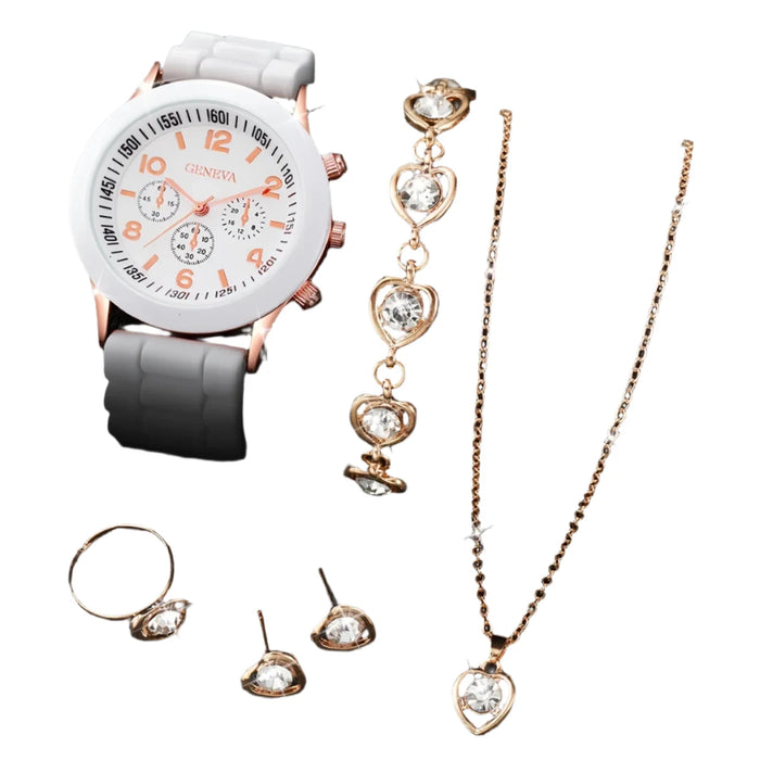 6 Piece Quartz Watch Set Rhinestone Heart Jewelry - Without Box