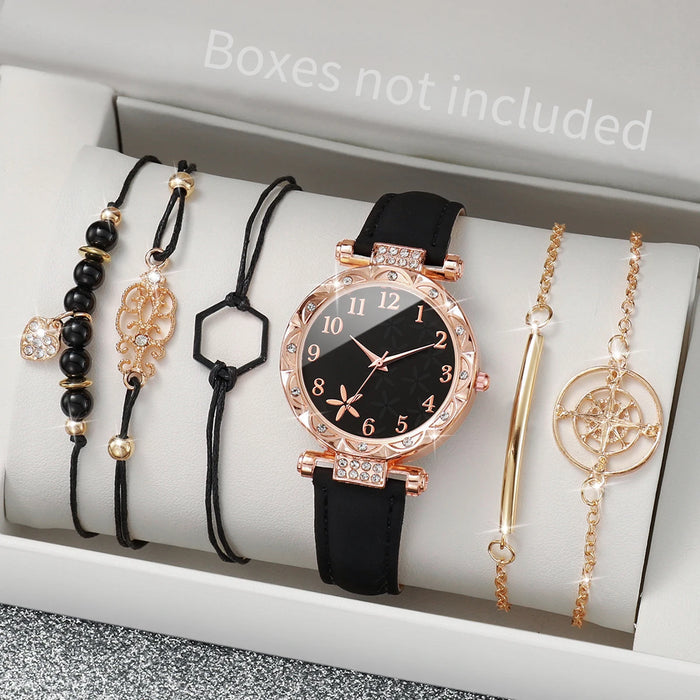 6 Piece Floral Rhinestone Quartz Watch Set - Without Box