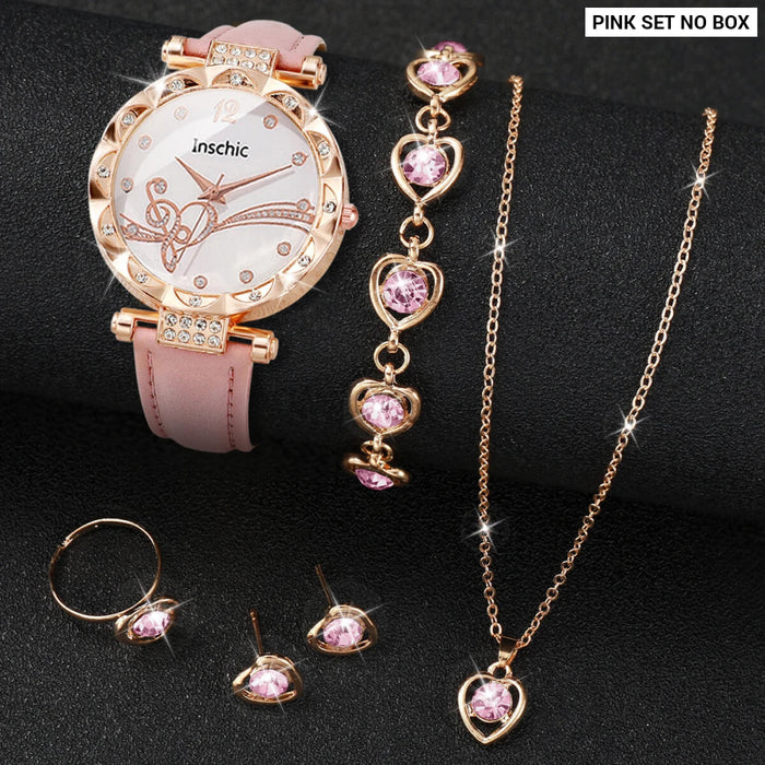 6 Piece Rhinestone Watch Jewelry Set - Without Box