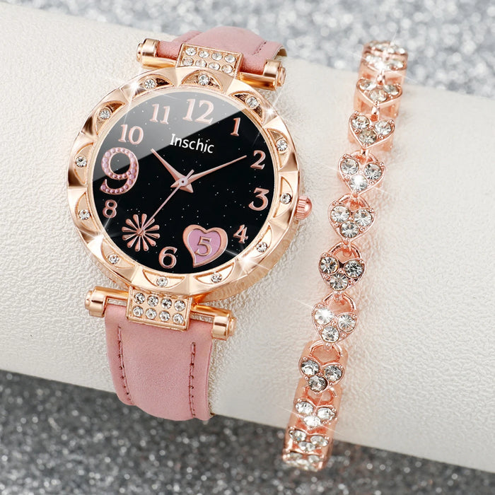 2 Piece Heart Dial Leather Band Watch Set Rhinestone Accents