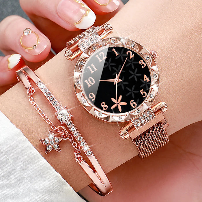 Flower Dial Watch Set Magnet Buckle Mesh Band