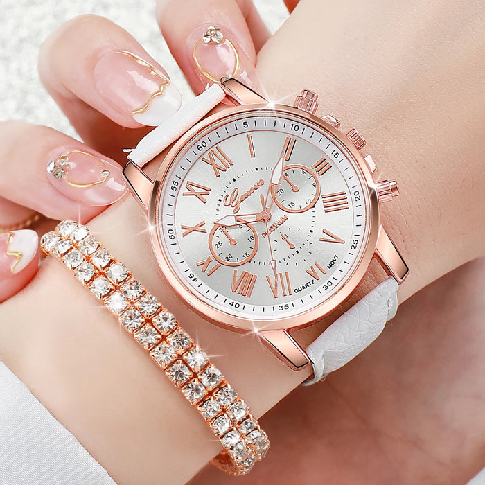 6 Piece Casual Leather Quartz Watch Set Diamonds - Without Box