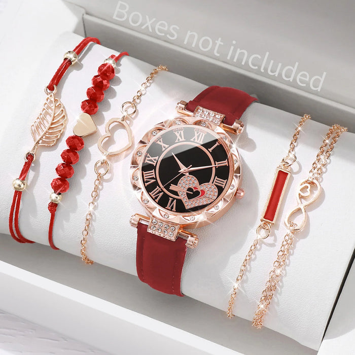 6 Piece Heart Dial Leather Band Quartz Watch Set