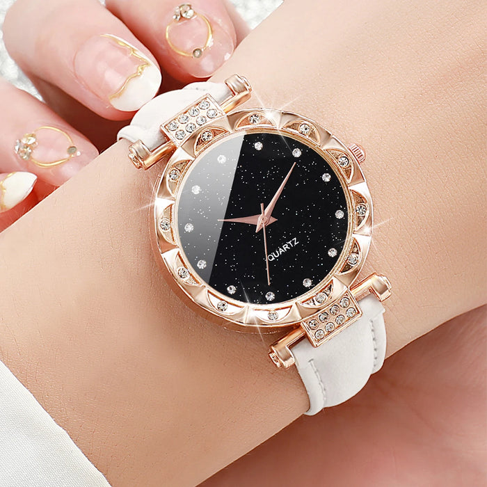 3 Piece Rhinestone Leather Band Watch Set - Without Box