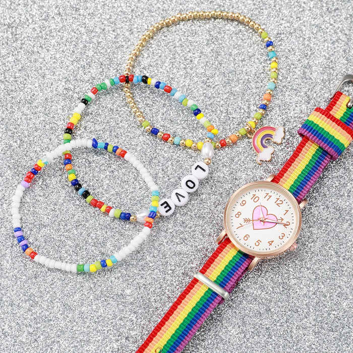 4 Piece Rainbow Beaded Watch Bracelet Set for Women