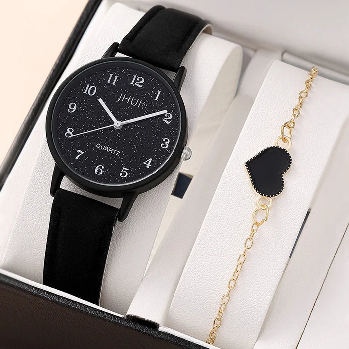 2 Piece Starry Sky Quartz Watch Set Leather Band Heart Bracelet