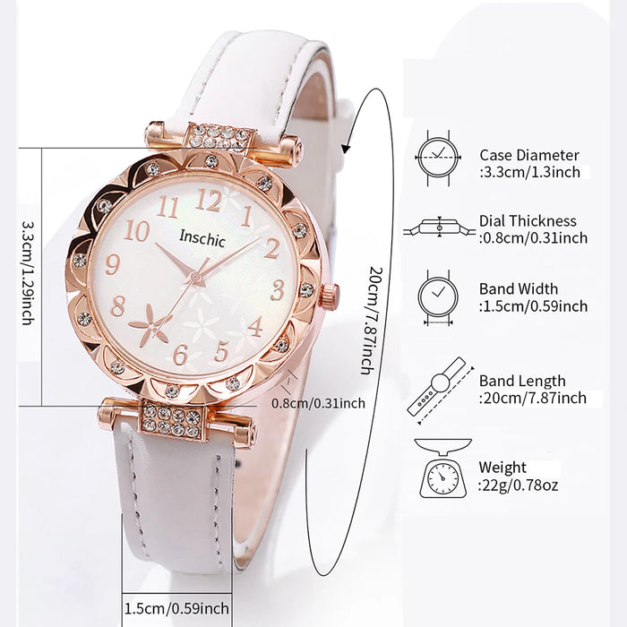 5 Piece Floral Dial Leather Band Watch Set - Without Box