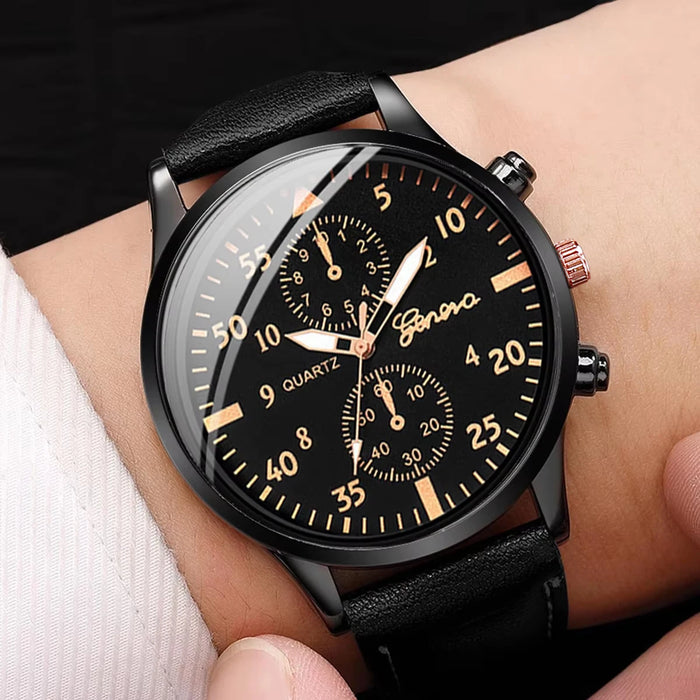 4 Piece Mens Leather Band Watch Bracelet Set