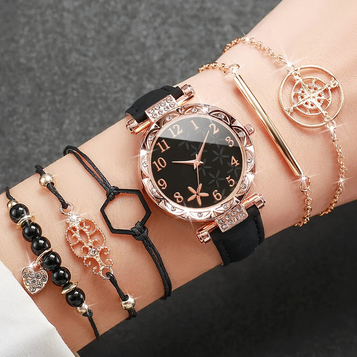 6 Piece Floral Rhinestone Quartz Watch Set - Without Box