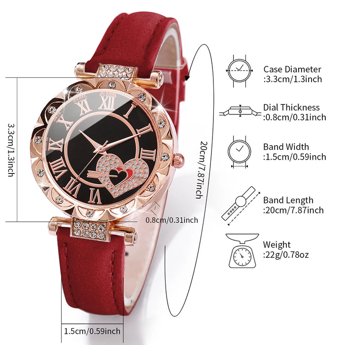 6 Piece Heart Dial Leather Band Quartz Watch Set