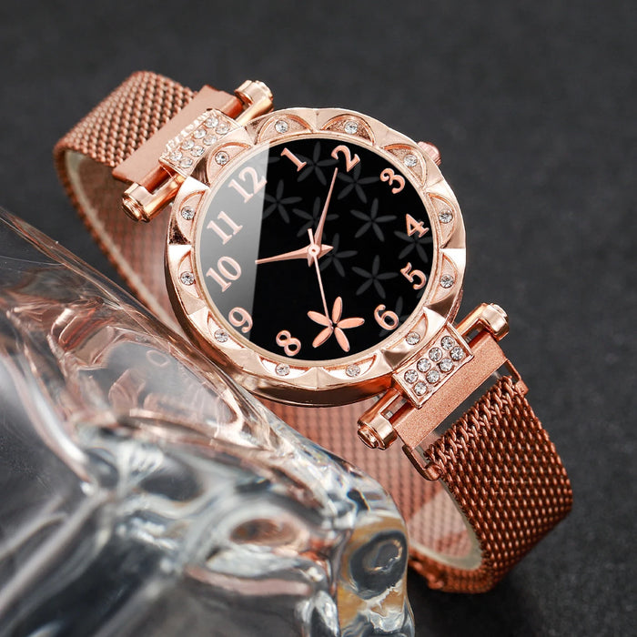 Flower Dial Watch Set Magnet Buckle Mesh Band