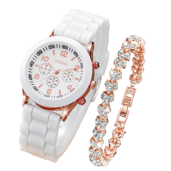 2 Piece Rhinestone Heart Bracelet Watch Set for Women