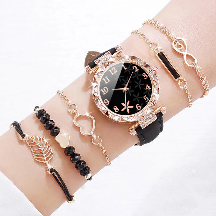 6 Piece Floral Quartz Watch Bracelet Set for Women