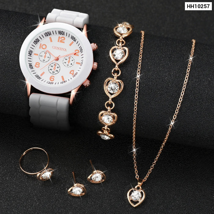 6 Piece Quartz Watch Set Rhinestone Heart Jewelry - Without Box