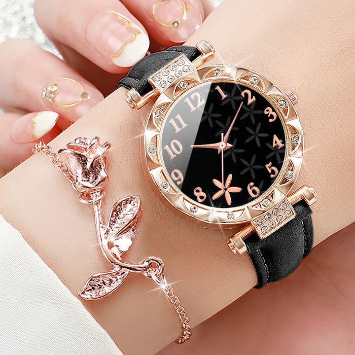 Flower Dial Leather Band Watch Set