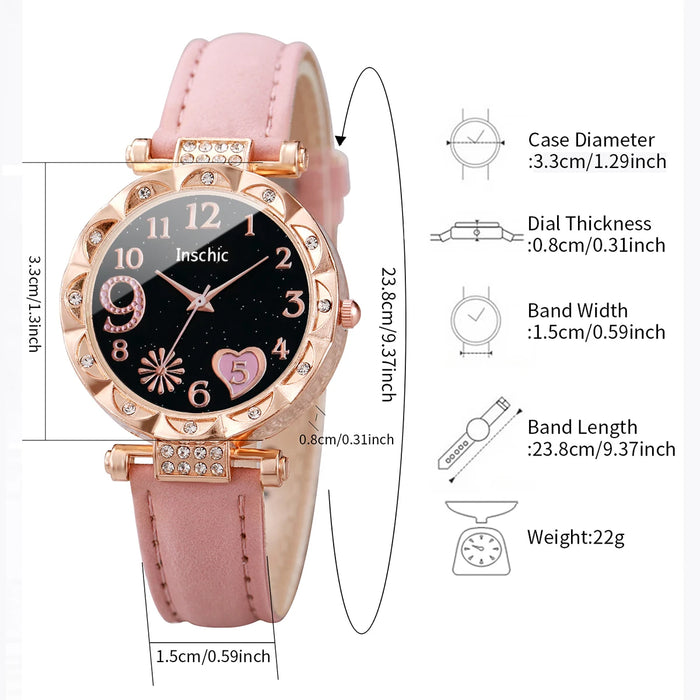 6 Piece Rhinestone Heart Watch Set Leather Bands